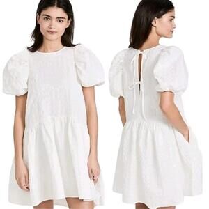 NWT English Factory Jacquard Texture Puff Sleeve Back Tie Mini Dress White Small